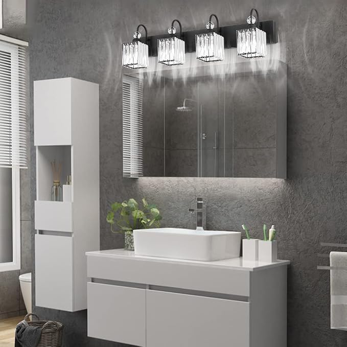 Ralbay Matte Black Crystal Vanity Light 4 Light Modern Crystal Bathroom - Image 5
