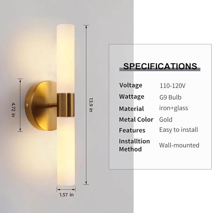 Wall Sconces Set of Two, Brass Gold Bathroom Sconces Wall Lighting - Image 7