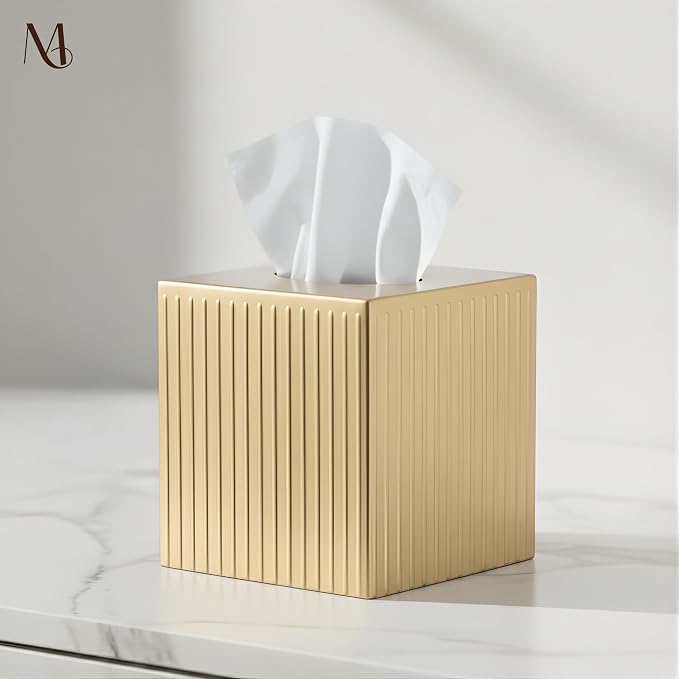 Monarch Abode Tissue Box Cover Square – Handcrafted Ridge Embossed Brushed Gold - Image 5