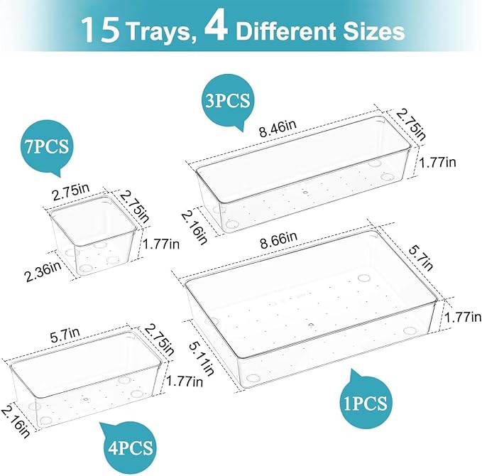 15 Pack Clear Plastic Drawer Organizer Set - Image 3