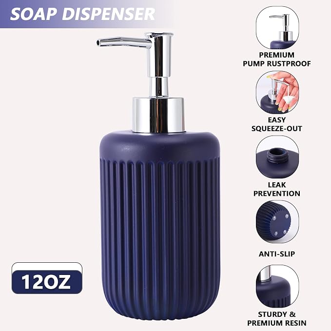Resin Navy Blue Bathroom Accessories Set 5 Pcs, Lotion Soap Dispenser, - Image 3