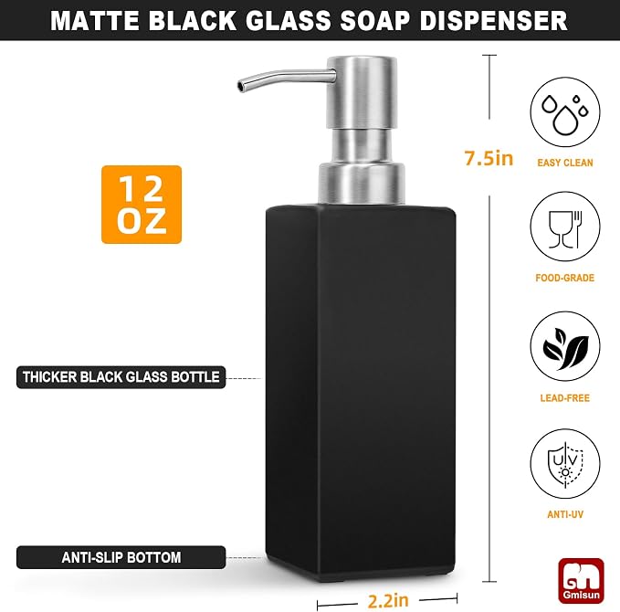 GMISUN Black Soap Dispenser Bathroom, Glass Hand Soap Dispenser - Image 2