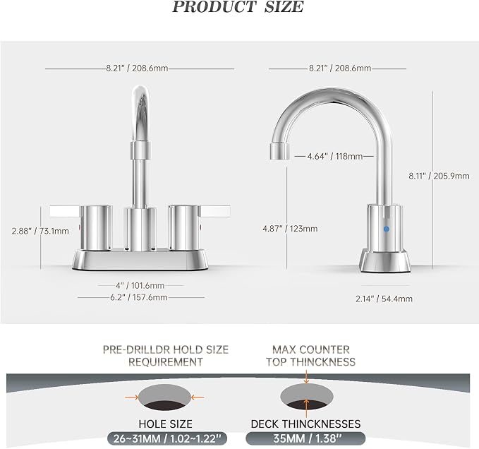Phiestina 4 Inch Centerset 2 or 3 Holes 2 Handle Chrome Lead-Free Bathroom - Image 3