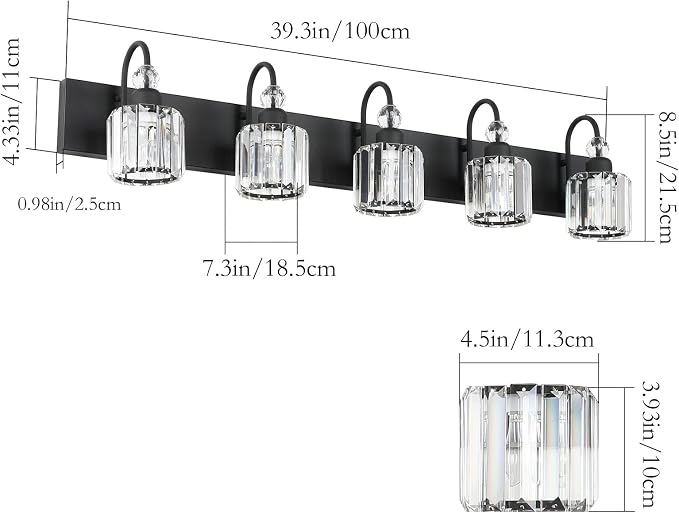 Ralbay Modern Crystal Black 5-Light Bathroom Vanity Light, Matte Black Crystal - Image 3