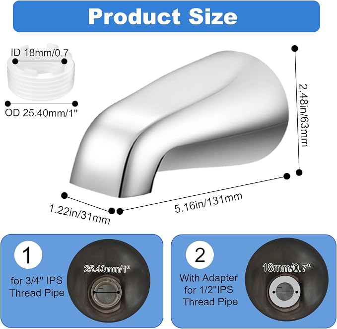 Universal Bath Tub Spout with Adapter, Bathtub Faucet Spout Without Diverter - Image 6