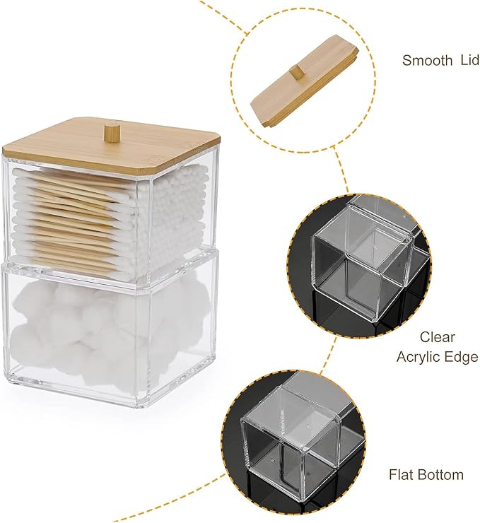 Hipiwe Clear Q-tip Dispenser Holder Acrylic Bathroom Containers 2-Tier Square - Image 4