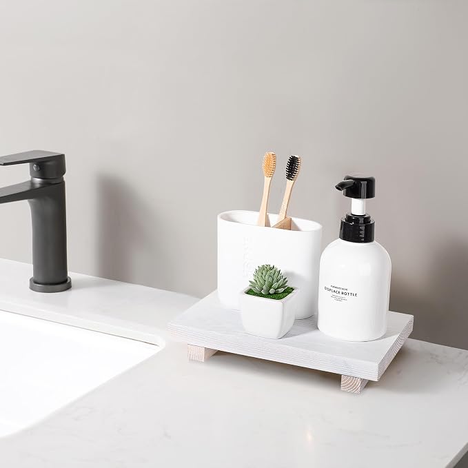 Bathroom Counter Organizer Wood Pedestal Stand Farmhouse Decorative Tray Soap - Image 3