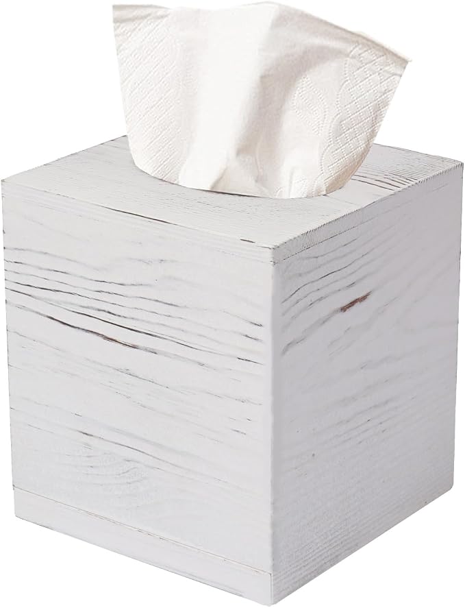 Tissue Box Cover Square, Rustic White Wooden Tissue Box Holder by Yarezmuell