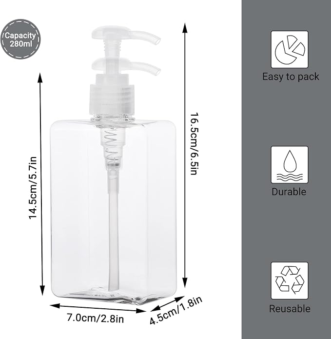 Suream Refillable Shampoo and Conditioner Bottles, 9.5oz/280ml Clear Plastic - Image 3