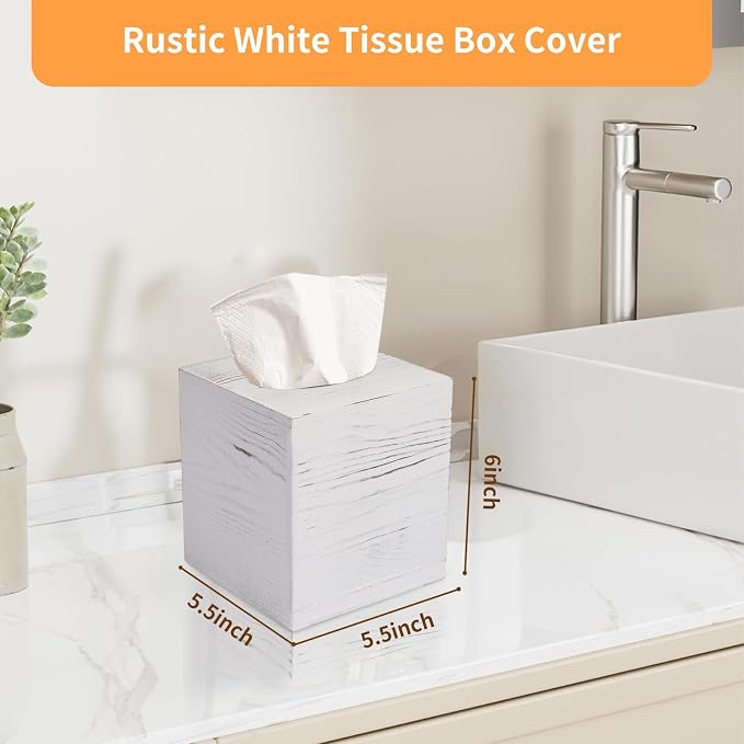 Tissue Box Cover Square, Rustic White Wooden Tissue Box Holder - Image 5