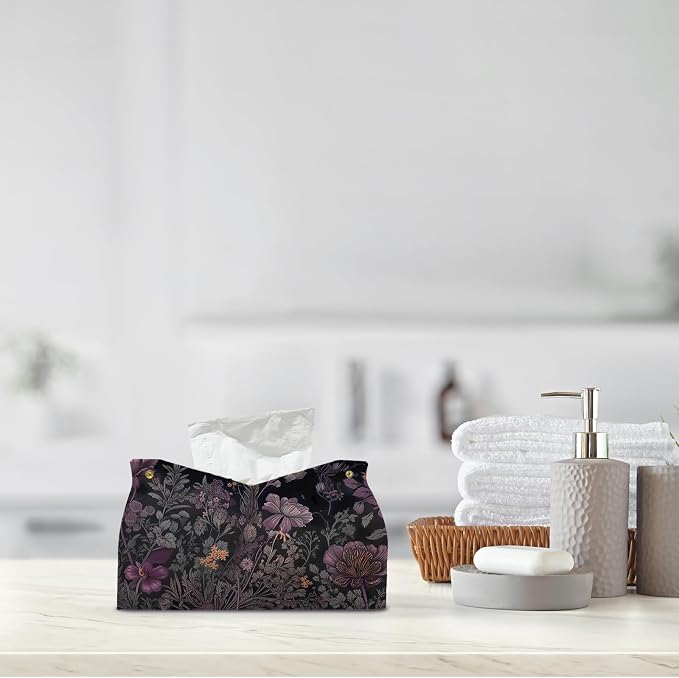 Black Floral Leather Tissue Box Cover Rectangle, Spring Flower Toilet Paper Box - Image 8