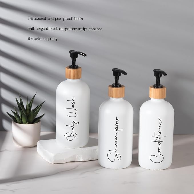 Glass Shampoo and Conditioner Pump Bottles Soap Dispenser Bamboo Pump Head - Image 7