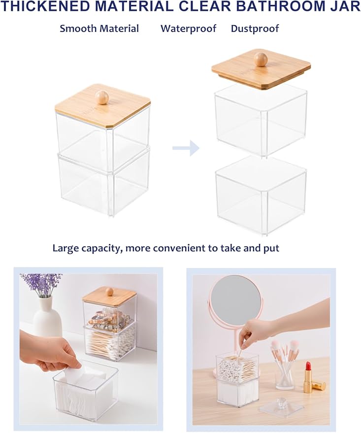 Cotton Swab Holder with Bamboo Lid, Double Layer Stackable Bathroom Organizer - Image 2