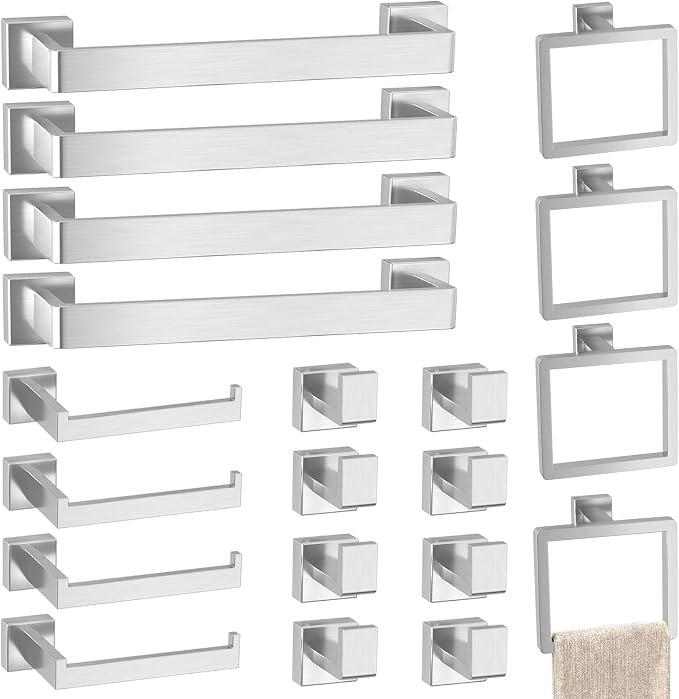Bathroom Accessories Towel Bar Set: 20 Pieces Brushed Nickel Square Bathroom by PAHSFSLLC