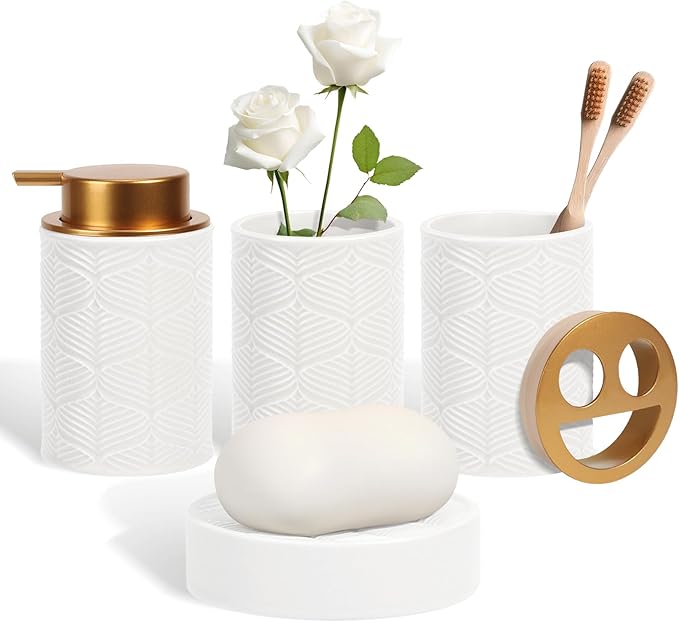 Ceramic Bathroom Accessories Set, Toothbrush Holder, Vanity Tray, and Tumbler by KUKIKAN