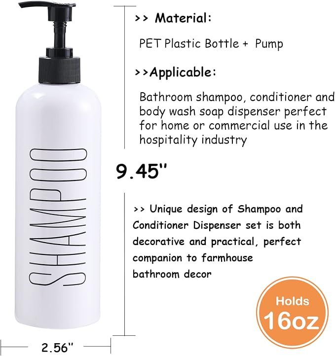 HOMCDALY Shampoo and Conditioner Dispenser, 16oz 3-Pack Refillable Pump Bottles - Image 3