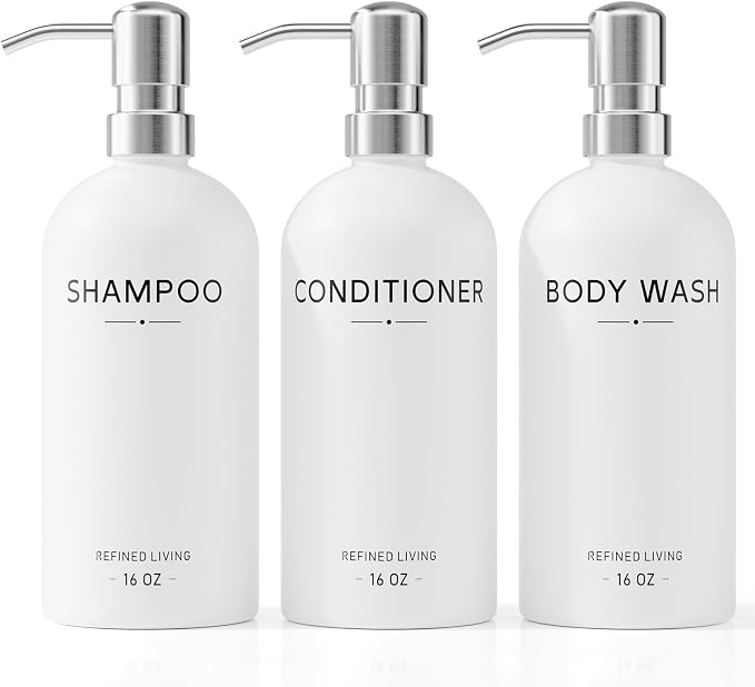 Shampoo and Conditioner Dispenser Set, 3 Refillable 16oz Bottles by Aeakey