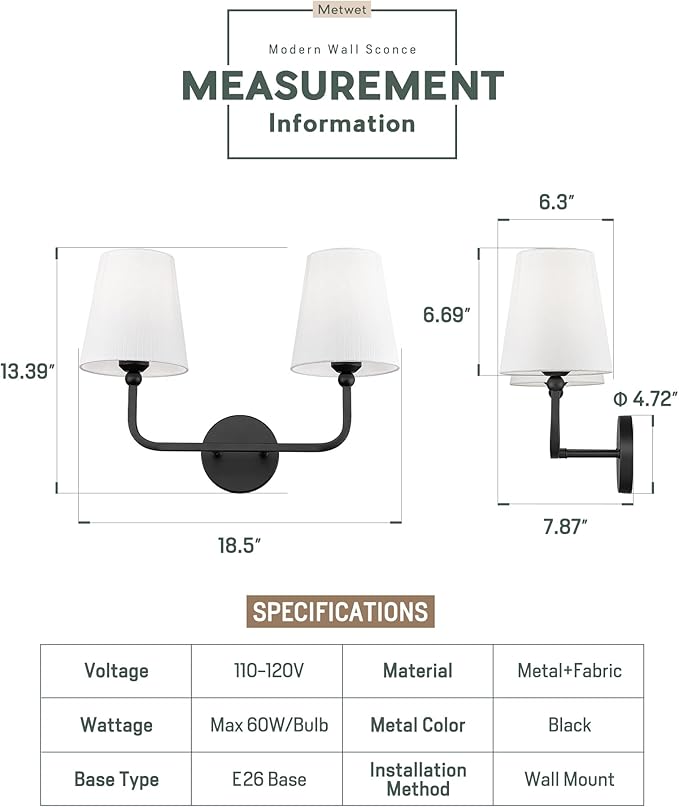 2-Light Bathroom Vanity Light Fixtures in Matte Black Finish, Modern Bedside - Image 4