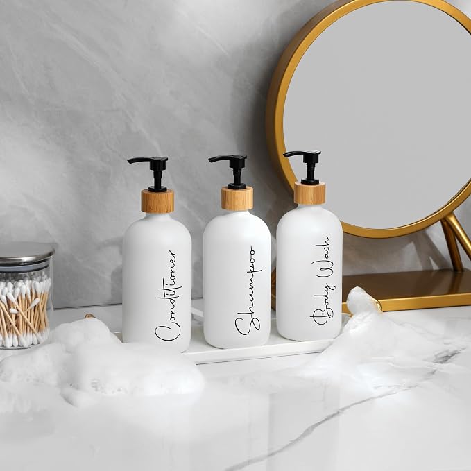 Glass Shampoo and Conditioner Pump Bottles Soap Dispenser Bamboo Pump Head - Image 3