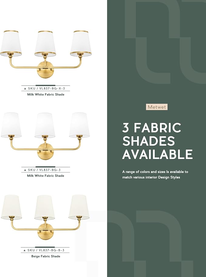 3-Light Bathroom Light Fixtures, Brushed Gold Vanity Lights Over Mirror - Image 7