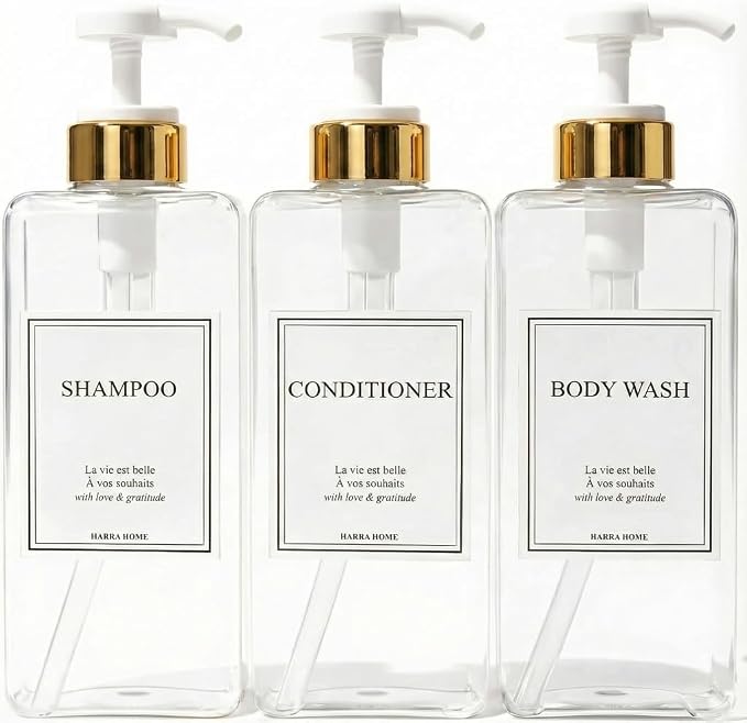 Modern Gold Design Shampoo and Conditioner Dispenser, Large 27oz Shower Soap by HARRA+HOME