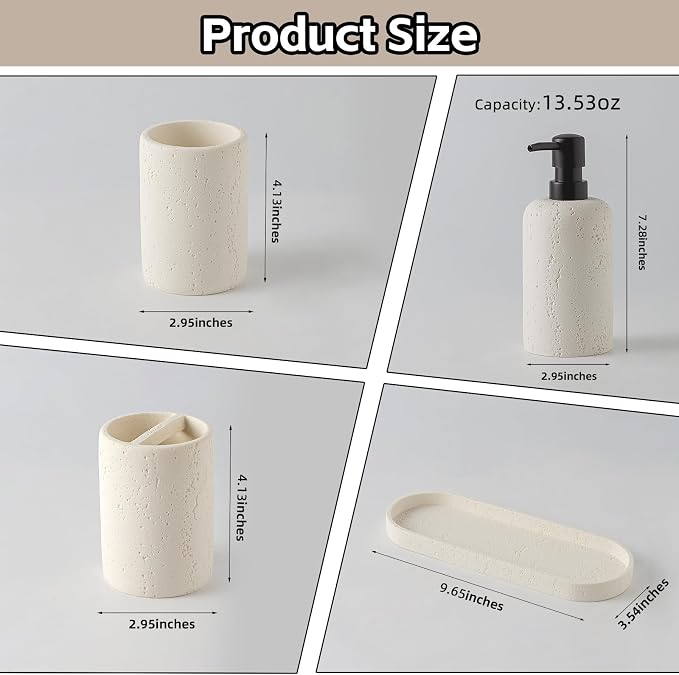 Bathroom Accessories Set, 4 Piece Travertine Stone Look Collection, Modern Bath - Image 3
