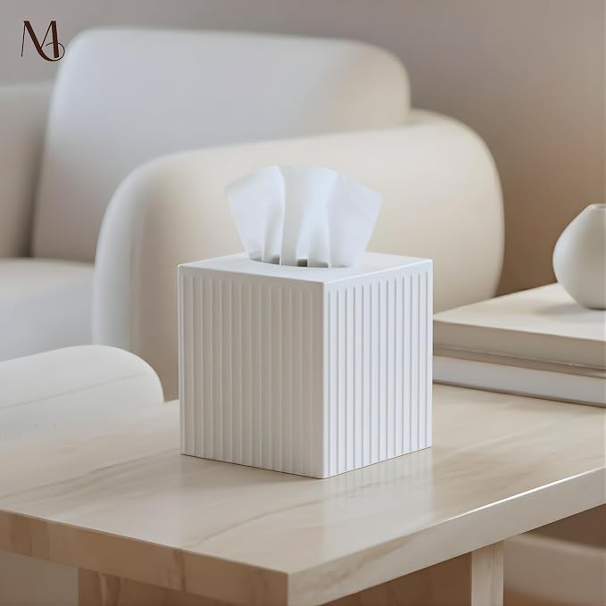 Monarch Abode Tissue Box Cover Square – Handcrafted Ridge Embossed White Metal - Image 4