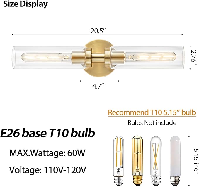 2-Light Brushed Brass Gold Bathroom Light Fixtures Over Mirror Modern Vanity - Image 3