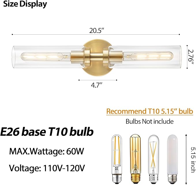 2 Light Bathroom Wall Sconce Set of 2, Modern Farmhouse Brushed Brass Gold - Image 4