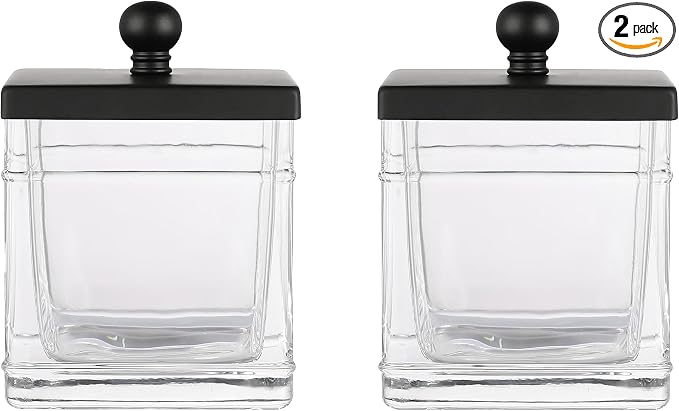 Glass Cotton Jar Holder 2 Pack– Matte Black Lid, Elegant Bathroom Storage by IndecorHome