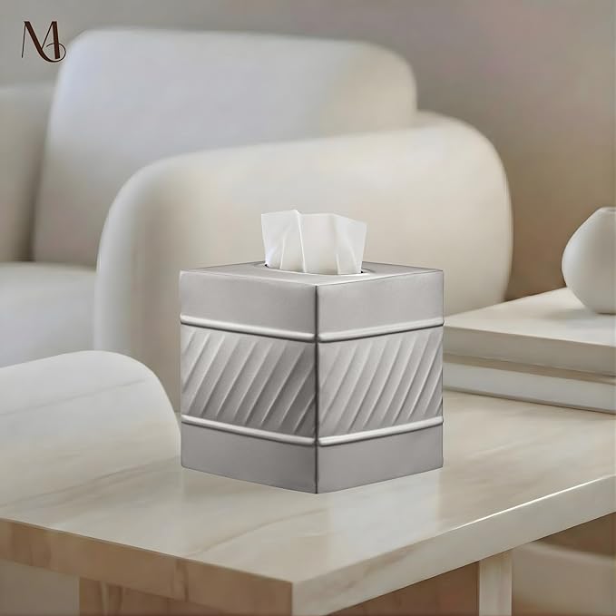 Monarch Abode Tissue Box Cover Square – Handcrafted Wave Embossed Pewter Metal - Image 4