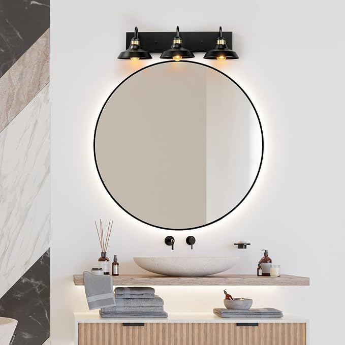 Globe Electric 63000199 24" 3-Light Vanity Light, Matte Black, Brass Accents - Image 3