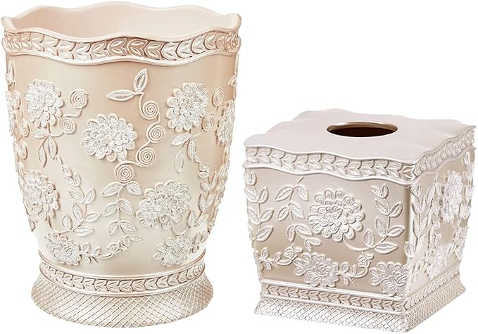 Zahari Home 2pc Rose Vine Bathroom Set Waste Basket & Tissue Cover Modern by ZahariHome
