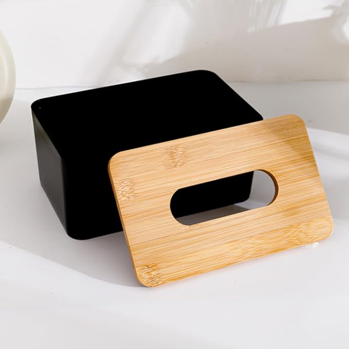 Tissue Box with Bamboo Cover, Plastic Tissue Organizer, Bathroom Tissue - Image 4