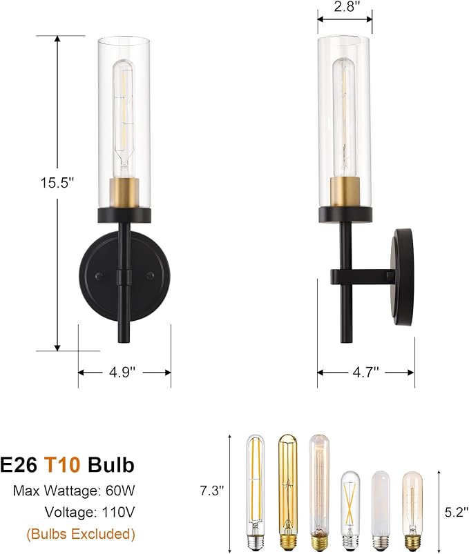 Black and Gold Hardwired Wall Sconces Set of 2, Modern Bathroom Vanity Sconces - Image 6