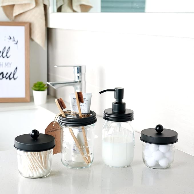Amolliar Mason Jar Bathroom Accessories Set -Lotion Soap Dispenser &Cotton Swab - Image 6