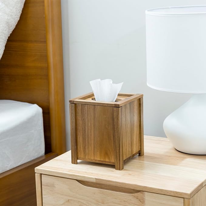 MyGift Premium Acacia Solid Wood Square Tissue Box Holder - Image 4