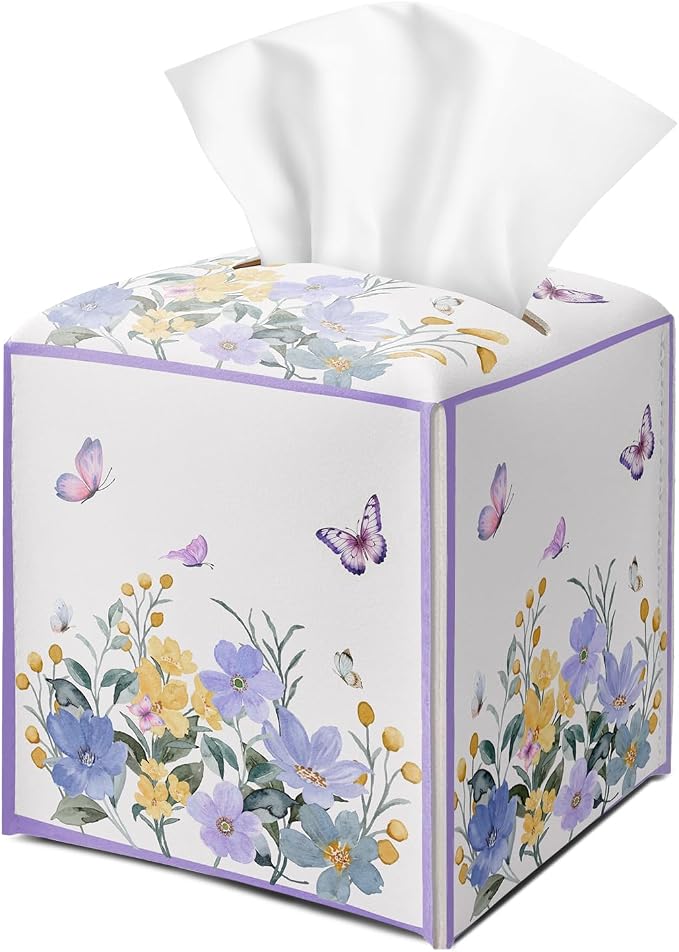Butterfly Purple Floral Tissue Box Cover Square by DOIUCRO