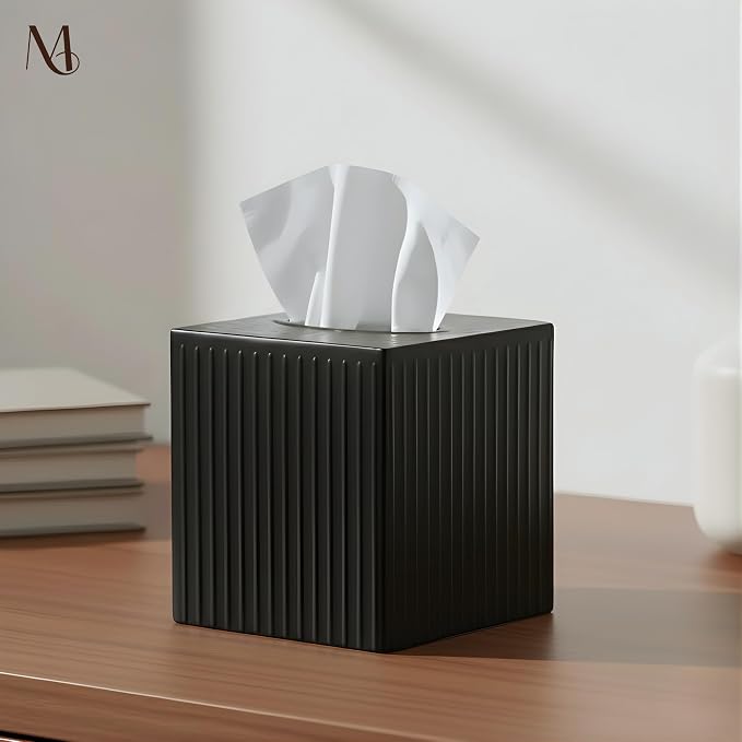 Monarch Abode Tissue Box Cover Square – Handcrafted Ridge Embossed Black Metal - Image 2