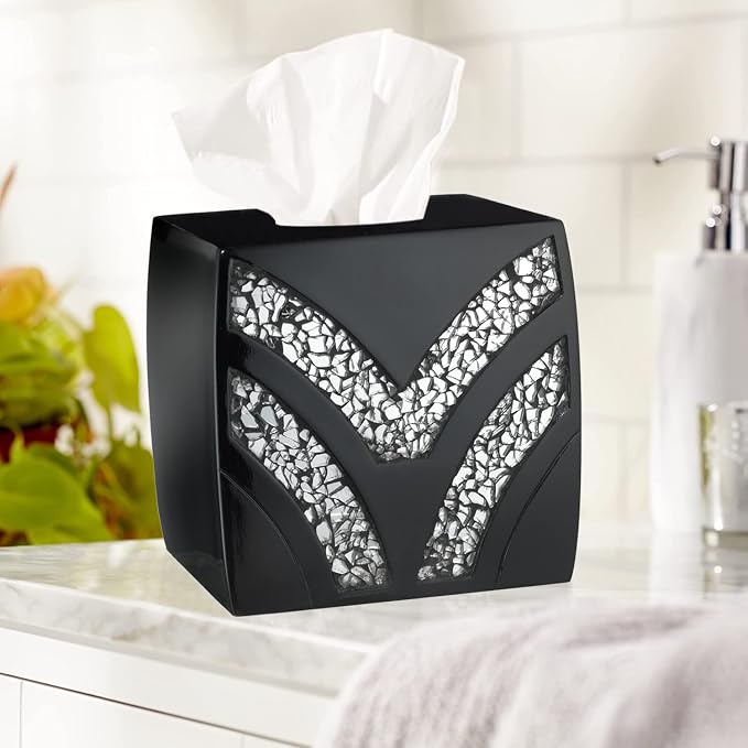 Zahari Home 2pc Sinatra Black Modern Bath Accessories Set Waste Basket & Tissue - Image 3