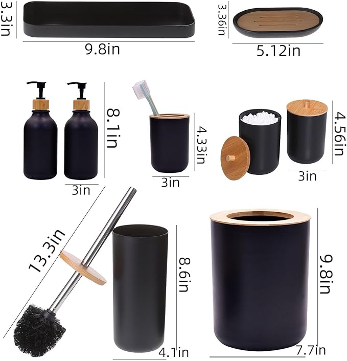 Matte Black Bathroom Accessories Set 9PCS, Bamboo Bathroom Accessories Sets - Image 5