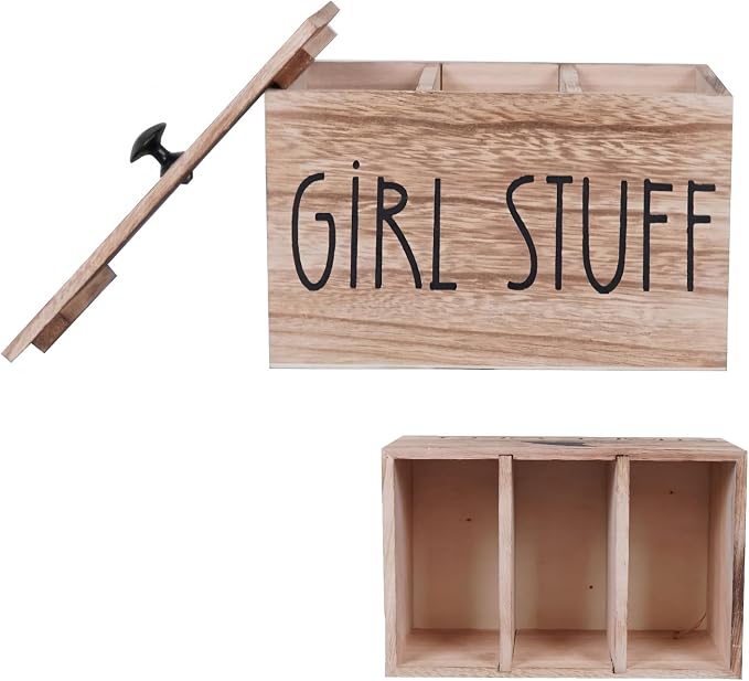 3 Compartments Pad and Tampon Organizer, Wooden Menstrual Care Storage Box by Unknown