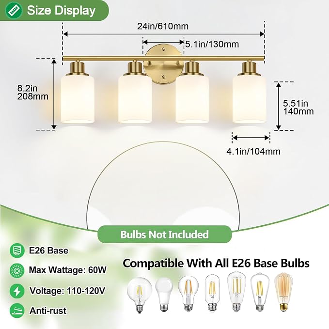 4-Light Bathroom Light Fixtures, Brushed Gold Modern Vanity Lights - Image 9
