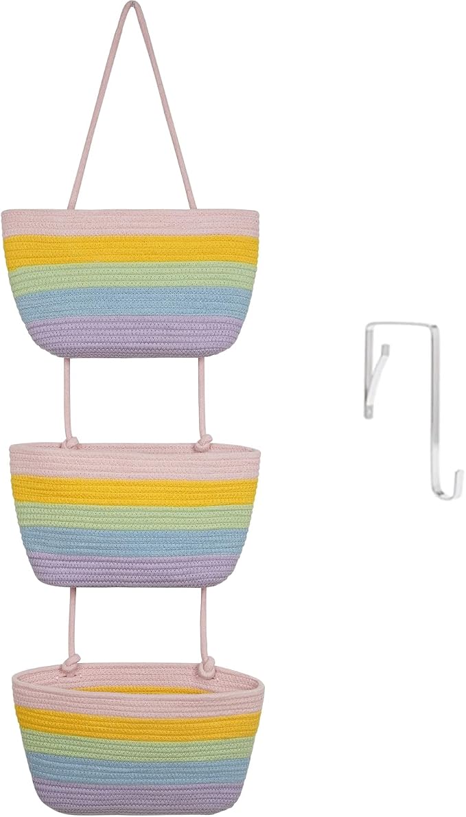 TeoKJ Over the Door Organizer, 3-Tier Woven Cotton Hanging Storage Baskets by TeoKJ