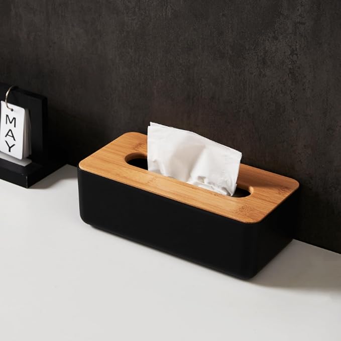 Tissue Box with Bamboo Cover, Plastic Tissue Organizer, Bathroom Tissue - Image 3