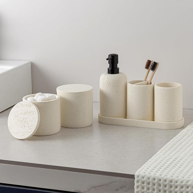 Bathroom Accessories Set, Travertine Stone-Look, Toothbrush Holder, Vanity Tray - Image 6