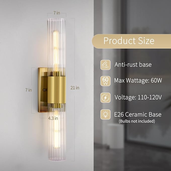 21" Gold Bathroom Sconces Set of 2, Modern Wall Sconces Set of Two - Image 2