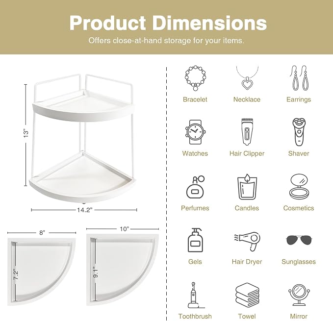 Forbena White 2 Tier Corner Bathroom Counter Organizer, Bathroom Countertop - Image 2