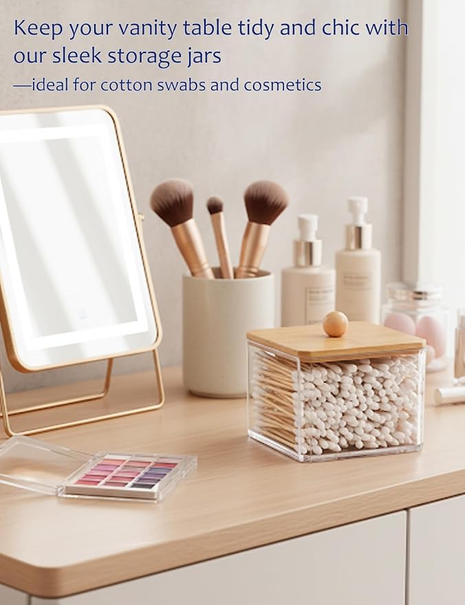 Cotton Swab Holder with Bamboo Lid, Single Layer Bathroom Countertop Organizer - Image 5