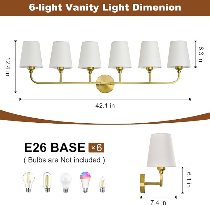 Bathroom Vanity Light, Brushed Gold Bathroom Light Fixtures, 6-Light Lighting - Image 3